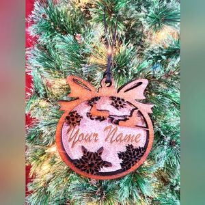 Custom wood holiday ornaments, white & orange colors, 3 1/2" wide × 4" tall